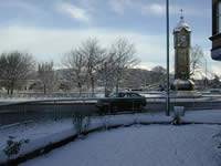 Snowy view of the Clock Roundabout which is outside the flat.